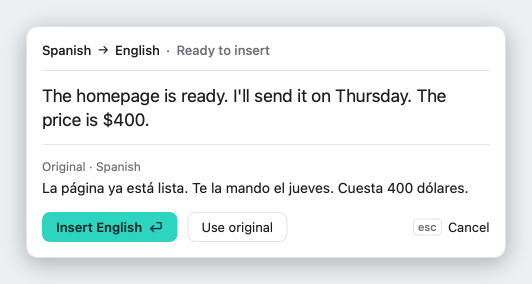 Speaketti review panel showing a Spanish sentence turned into English, with Insert English, Use original and Cancel buttons